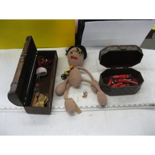 2 LIDDED JEWELLERY BOXES & A  DOLL