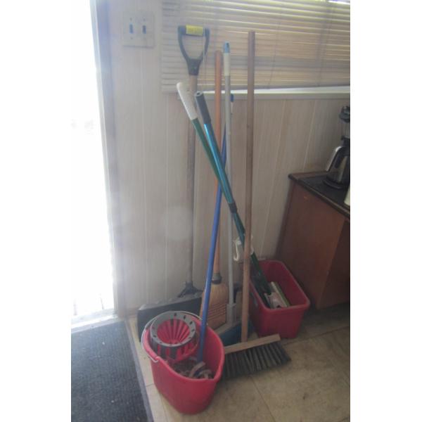 LOT OF ASST'D BROOMS, SNOW SHOVEL, ETC.