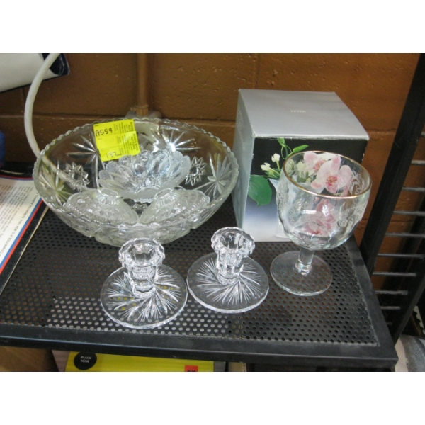 GLASSWARE & PAIR OF CRYSTAL CANDLEHOLDERS