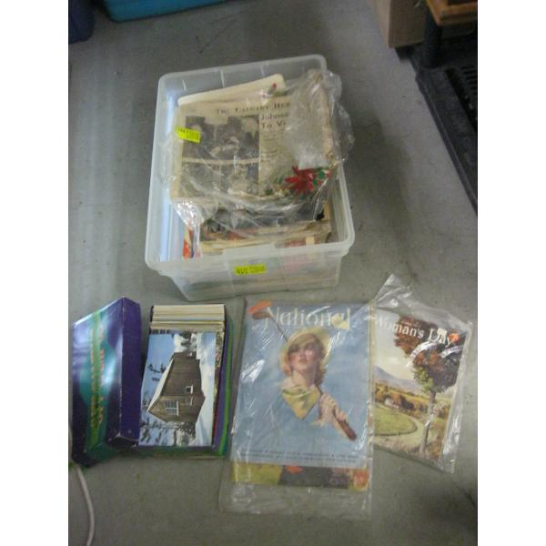 BIN OF MISC. NEWSPAPER CLIPPINGS, MAGAZINES, POSTCARDS, ETC.