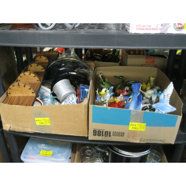 2 BOXES OF MISC. BIRD FIGURINES, TEACUPS/SAUCERS, COLLECTOR SPOONS, ETC.