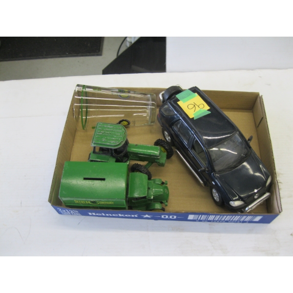 JOHN DEER TRACTOR & COIN BANK, MAISTO MERCEDES BENZ ML320 DIECAST CAR, ETC.