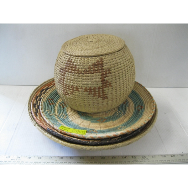 3 WICKER BOWLS & A WICKER WOVEN BASKET