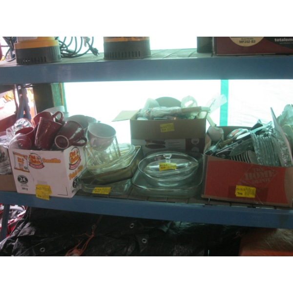 LG. LOT OF MISC. DISHES, GLASSWARE, BAKING WARE, ETC.