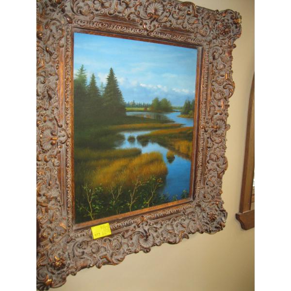 LG. ORIGINAL PAINTING W/HEAVILY CARVED FRAME, SIGNED, L. CAXCAN??