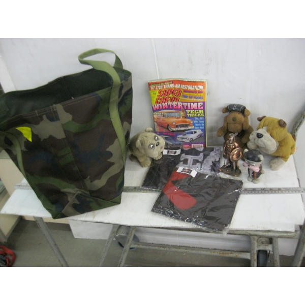 CAMMO BAG W/ASST. ITEMS - FLAGS, STUFFED ANIMALS, VIKING FIGURINE, ETC.