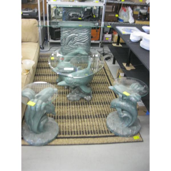 4 PIECE DOLPHIN BASED COFFEE, END TABLE & HALL TABLE