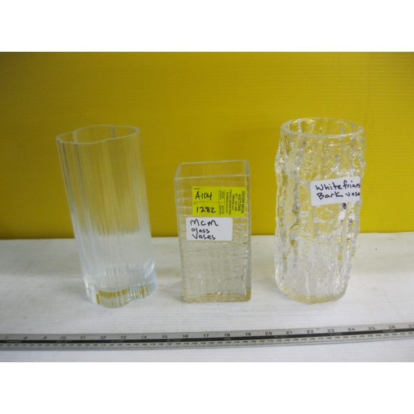 3 PIECES OF MCM GLASS VASES - WHITE FRIARS BARK VASE, ETC.