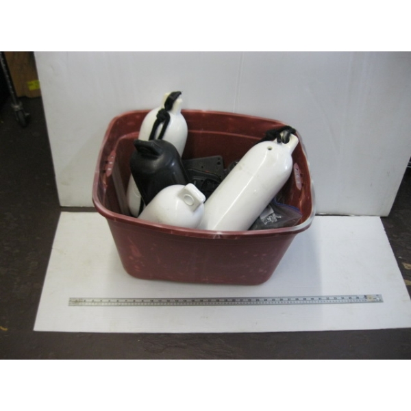 BIN OF MISC. BUMPERS, ROD HOLDERS, FISH FINDERS, ETC.