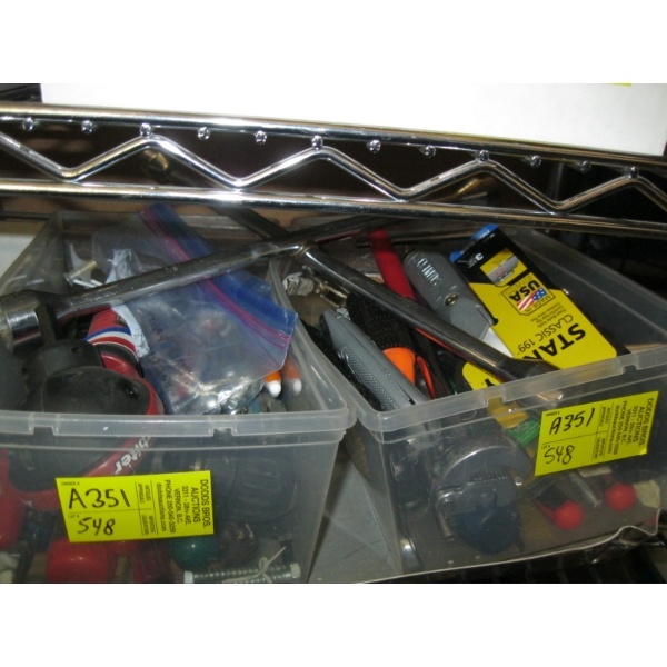2 PLASTIC BINS W/ASST. TOOLS & ALUMINUM DUSTPAN