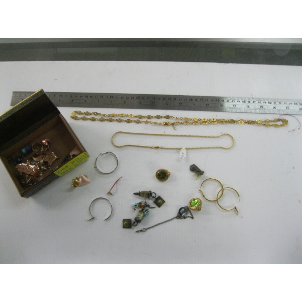 WOOD CASED METAL BOX W/ASST. COSTUME JEWELLERY