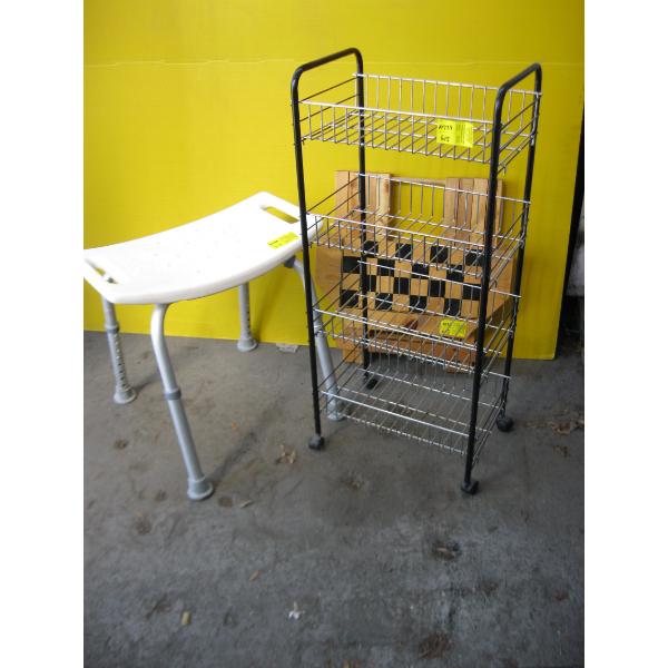 FOLDING CHESSBOARD TABLE, BATH STOOL & METAL RACK