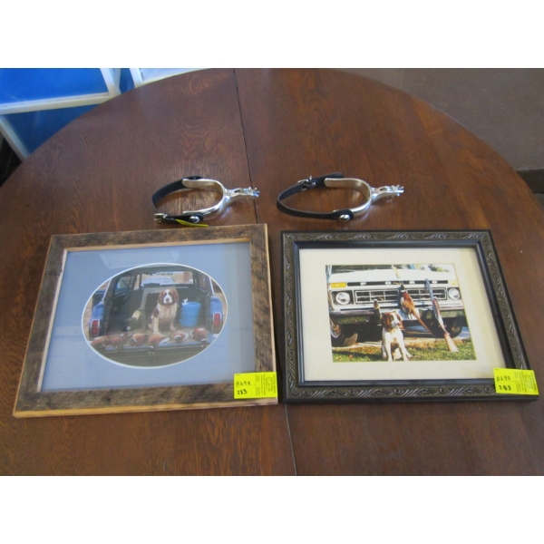 2 FRAMED PRINTS & PAIR OF DECORATIVE SPURS