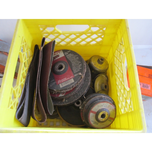 CRATE OF WIRE, BRUSHES, CUT OFF DISCS, ETC.