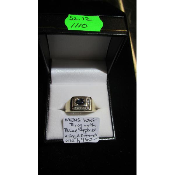 MENs 10KT RING W/BLUE SAPPHIRE & SM. DIAMOND W/A $1,460, SZ 12