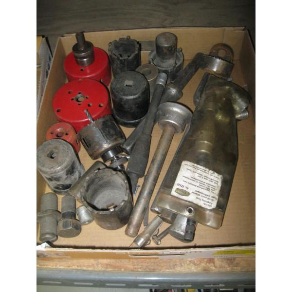BOX OF MISC. HOLE SAWS, SPECIALTY SOCKETS, ETC.