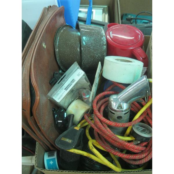 MISC. ELECTRIC DRILL, EXTENSION CORD, GAUGES, KETTLE, ETC.
