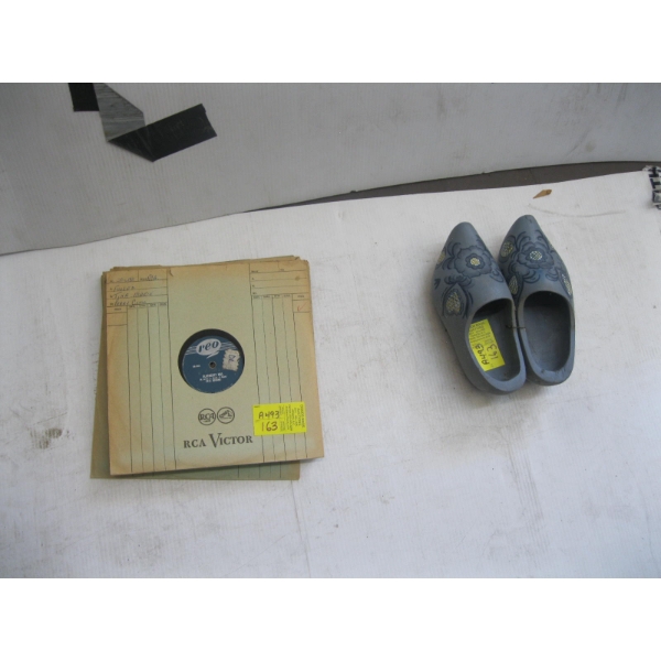 PAIR OF BLUE WOODEN COGS & A SM. STACK OF RECORDS