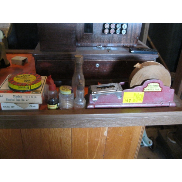 MISC. TAPE DISPENSER, TAPE, BOTTLES, ETC.