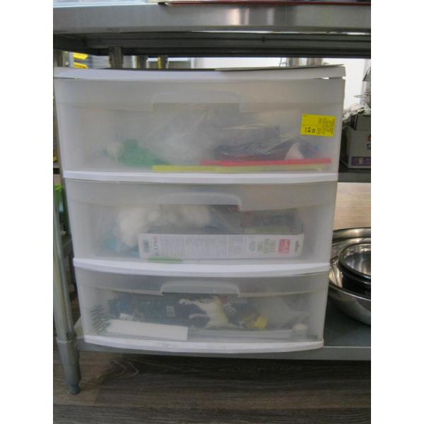 PLASTIC 3 DRAWER CABINET W/MISC. ITEMS