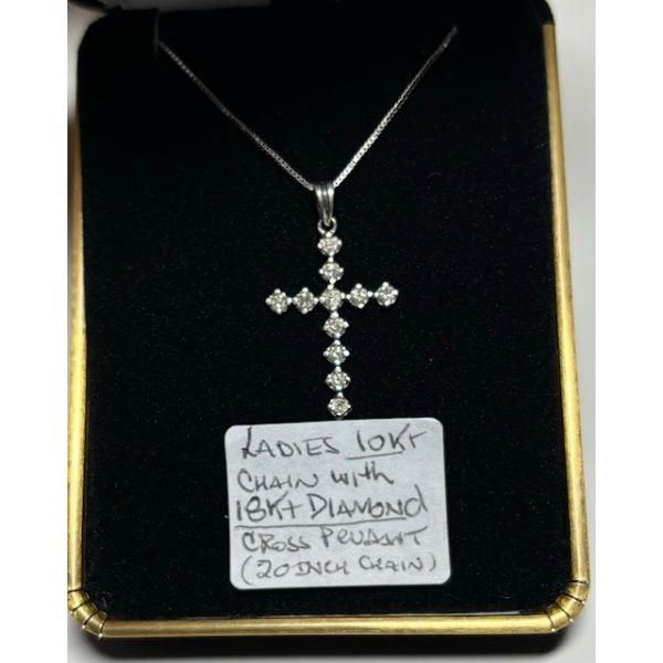 LADIES 10KT 20” CHAIN W/18KT DIAMOND CROSS PENDANT