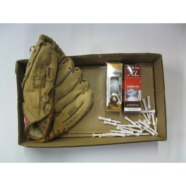 LEATHER BASEBALL GLOVE & GOLF BALLS & TEES