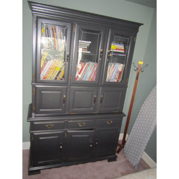 LG. CABINET W/DROP FRONT DESK, 3 GLASS DOORS & LOWER CABINET