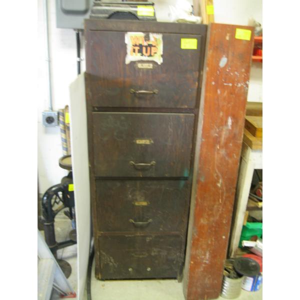 WOOD FILING CABINET W/ASST. CONTENTS: PAINT, FITTINGS, SANDING ITEMS, ETC.