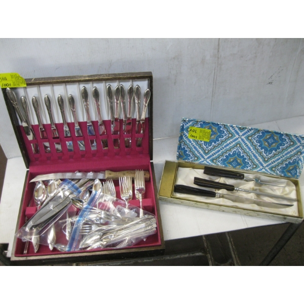 CARVING SET & A SILVERPLATE CUTLERY SET - CASED