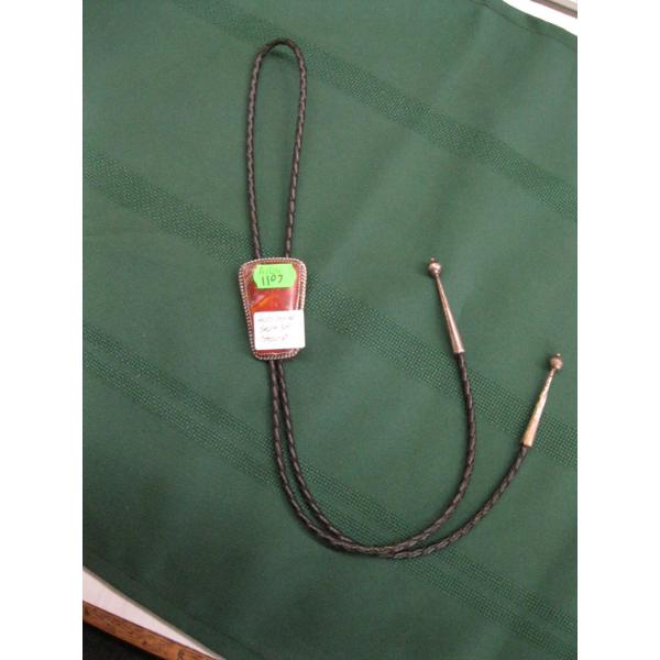 BOLO TIE W/METAL & STONE, STAMPED WITH V