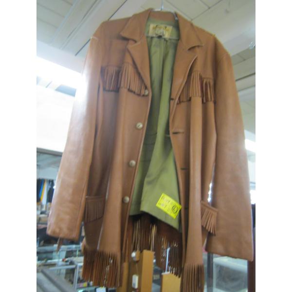 UNIQUE CUSTOM MADE LEATHER COAT W/FRINGE, SZ LG.