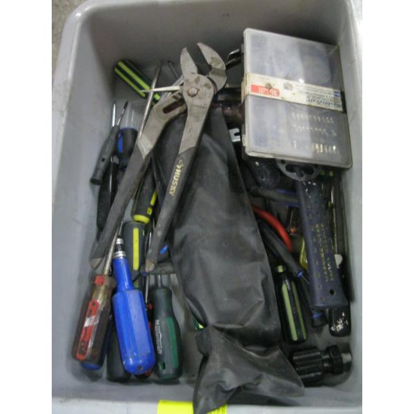 BIN OF ASST. PLIERS, SCREWDRIVERS, HAMMER, ETC.