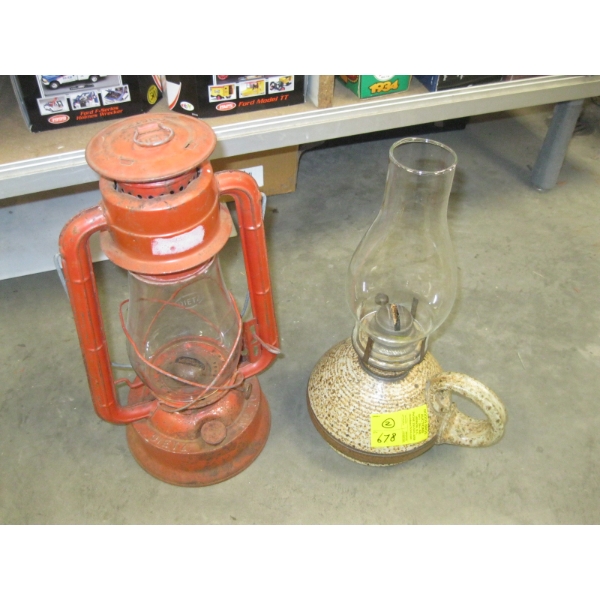 BARN LANTERN & A CERAMIC BASED COAL OIL LANTERN