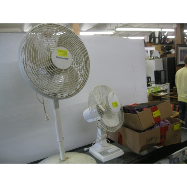 2 BOXES OF MISC. BELTS, BEDDING, ETC. & 2 ELECTRIC FANS