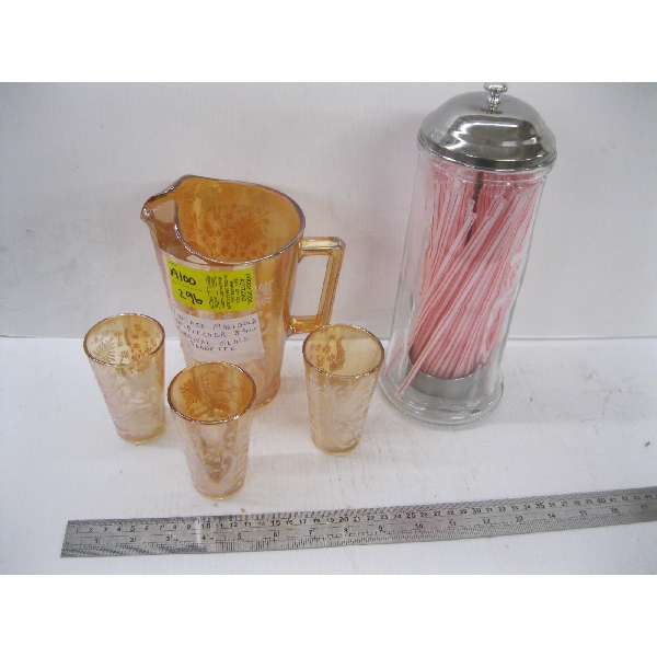 STRAW CONTAINER & VINTAGE MARIGOLD 1940s PITCHER & 3 MATCHING GLASSES