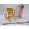 Image 1 : STRAW CONTAINER & VINTAGE MARIGOLD 1940s PITCHER & 3 MATCHING GLASSES
