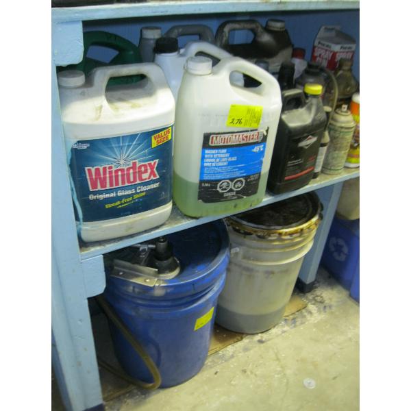 2 SHELVES OF MISC. OILS, CLEANERS, ETC.