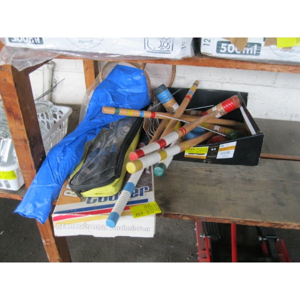 MISC. BADMINTON RACKETS, CROQUET SET, ETC.