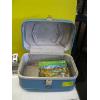 Image 6 : SEWING BASKET W/MISC. CONTENTS & A BLUE SUITCASE W/CONTENTS