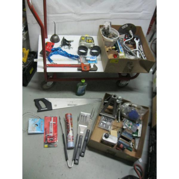 2 BOXES OF MISC. BENCH VISE, FLARING TOOL, LEVELING STANDS, GARDEN HOSE TIMER, ETC.