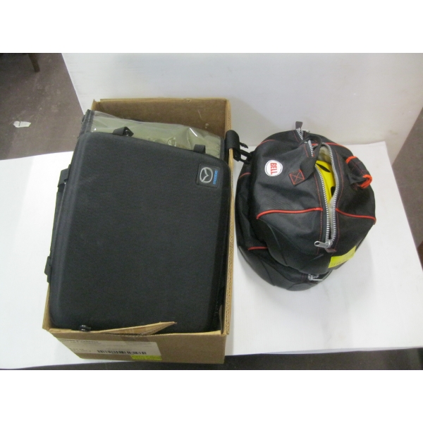 BELL BICYCLE HELMET & BAG & A BOX OF ASST. BAGS & CASES