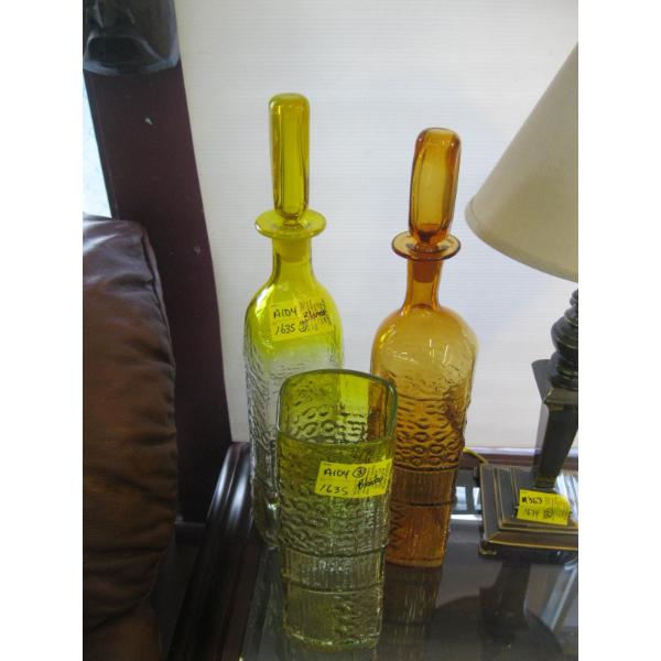 3 BLENKO GLASS: 2 DECANTERS & MATCHING VASE