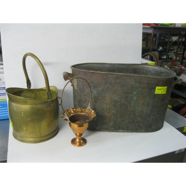 COPPER BOILER, COPPER BASKET & A BRASS COAL BUCKET