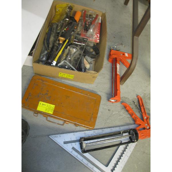 MISC. TOOLS, SOCKET SET, CAULKING GUN, HAMMERS, ETC.