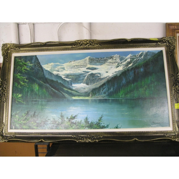 LG. FRAMED PAINTING OF MOUNTAINS & LAKE