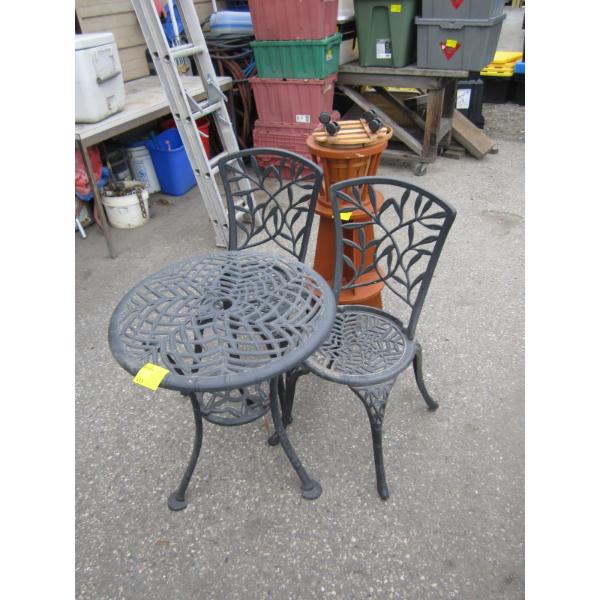 SM. PATIO TABLE W/2 CHAIRS & A WOODEN PLANT STAND