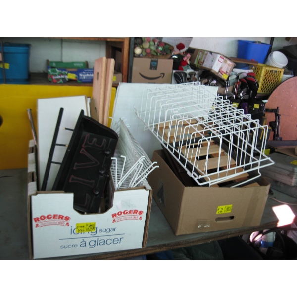 2 BOXES OF SHELVING, COAT HANGERS, ETC.