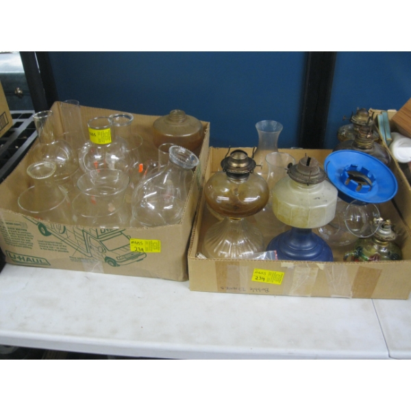 2 BOXES OF ASST. OIL LAMPS & SHADES