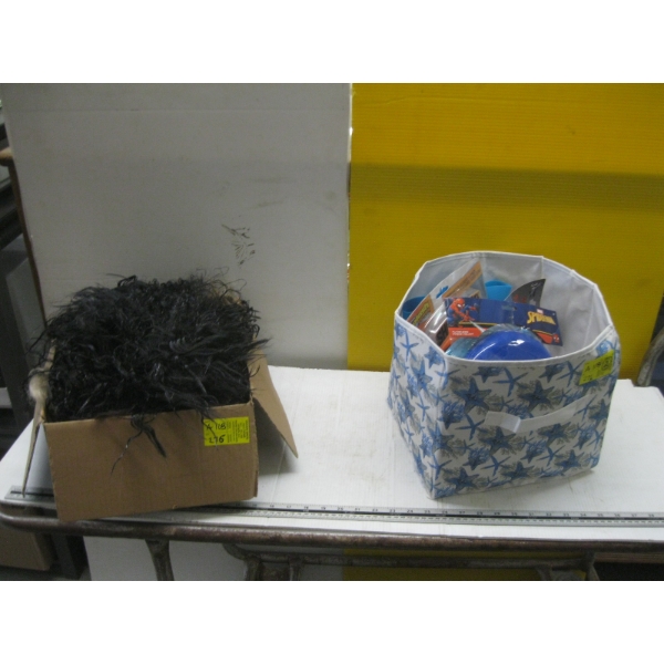 BOX OF COSTUME WIGS & BOX OF KIDs TOYS
