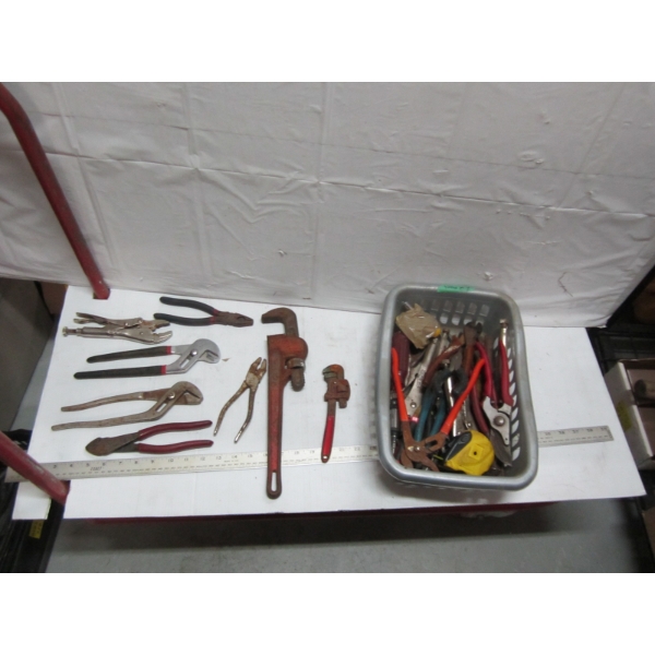 BIN W/ASST. PLIERS, TAPE MEASURE, PIPE WRENCH, ETC.